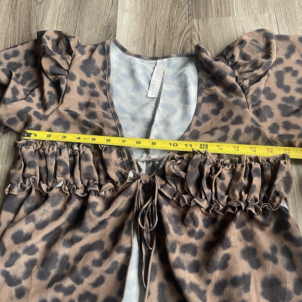 Missguided Long Sleeve flounce tie front Babydoll Top cheetah print Blouse S - Picture 4 of 5